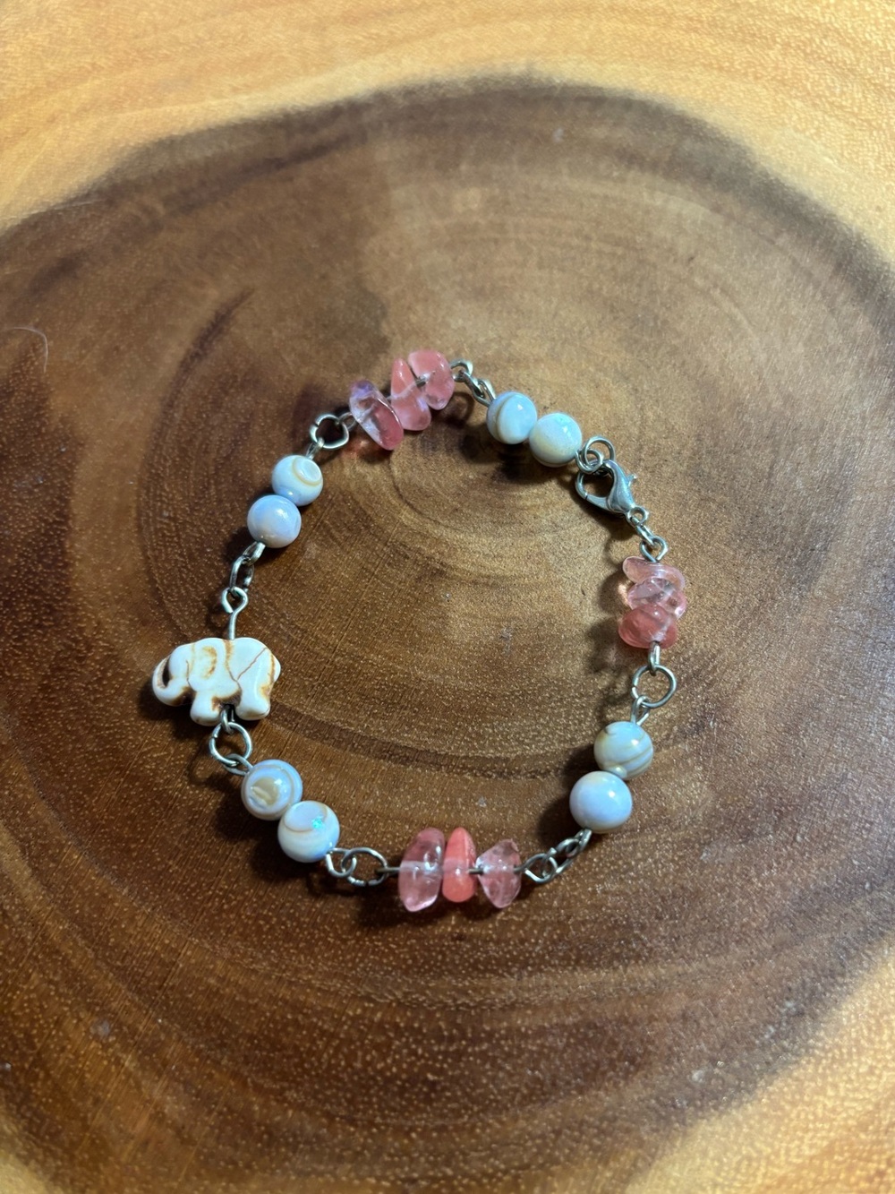 Handmade Pink Stones and Light Blue Beaded With Elephant Charm Bracelet